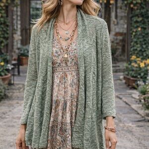 Vintage Open-Front Sage Green Knit Cardigan Sweater